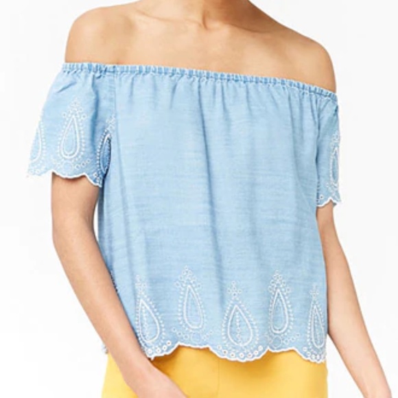 Forever 21 Tops - Forever 21 Chambray Off the Shoulder Embroidered